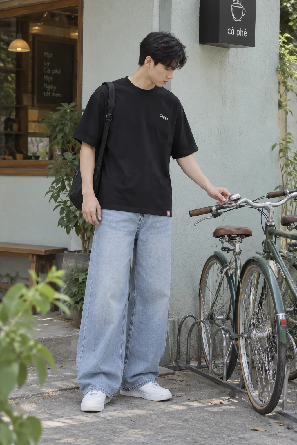 MINAMALS đen với jeans xanh nhạt và sneaker trắng.