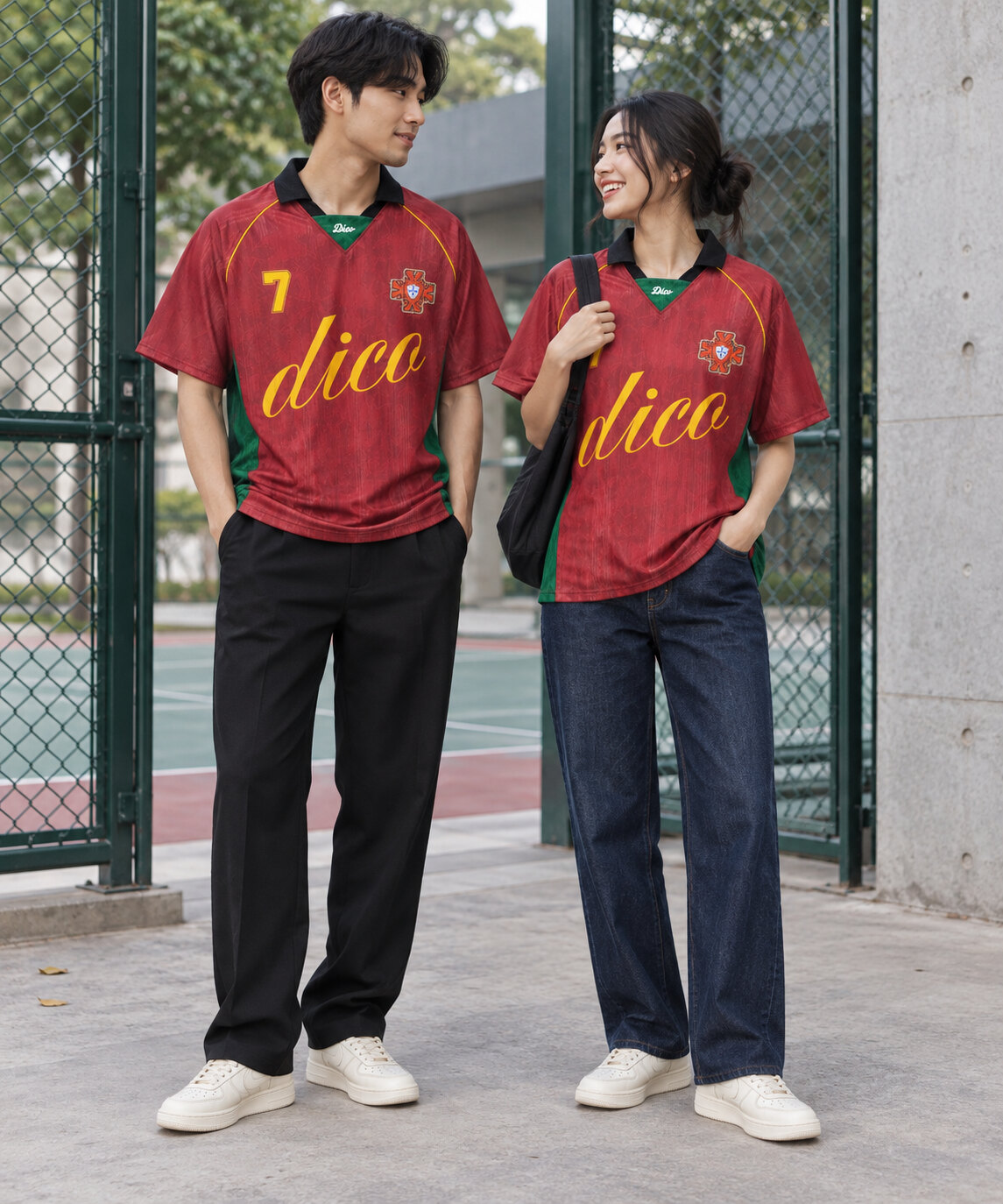 Cùng áo Dico Seven: quần đen trơn bên trái, jeans xanh sẫm bên phải.