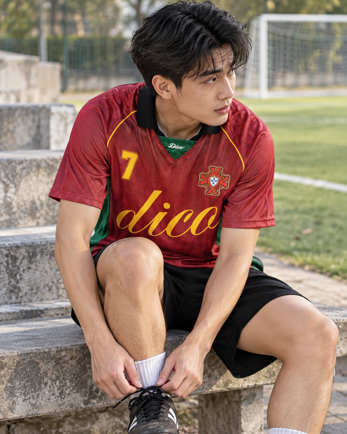 Áo Dico Seven mặc cùng quần short đen bên sân bóng.