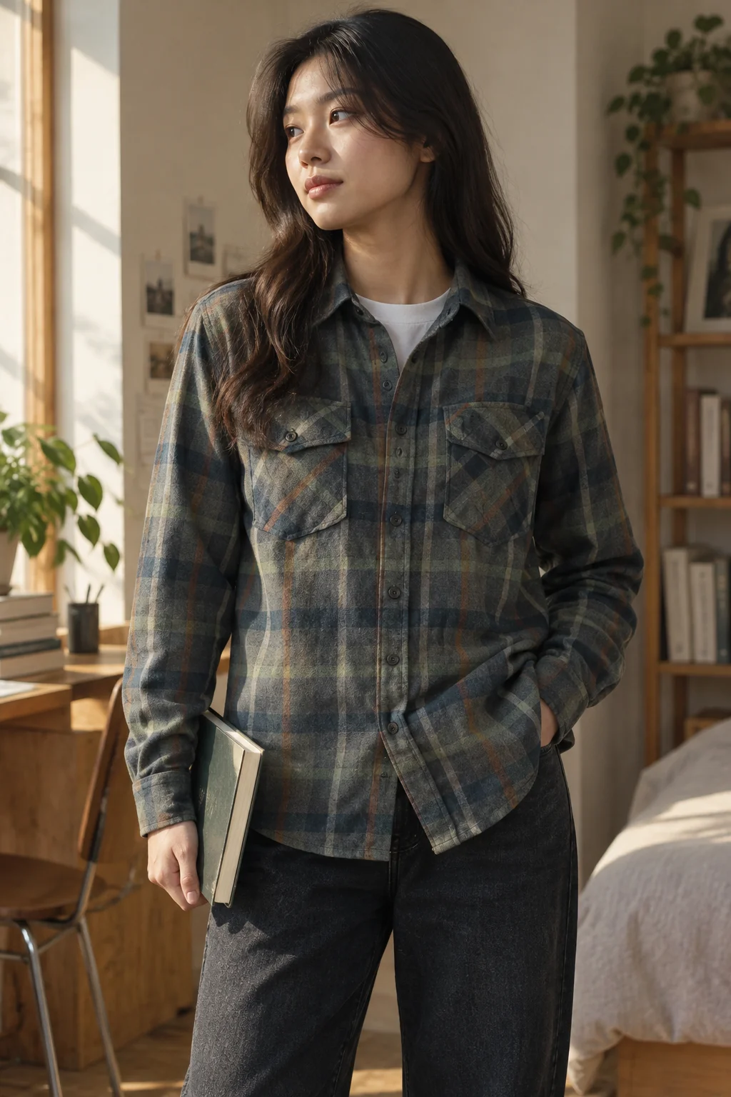 Sơ mi kẻ cài nút để nhìn rõ hai túi ngực, đi cùng jeans tối màu.