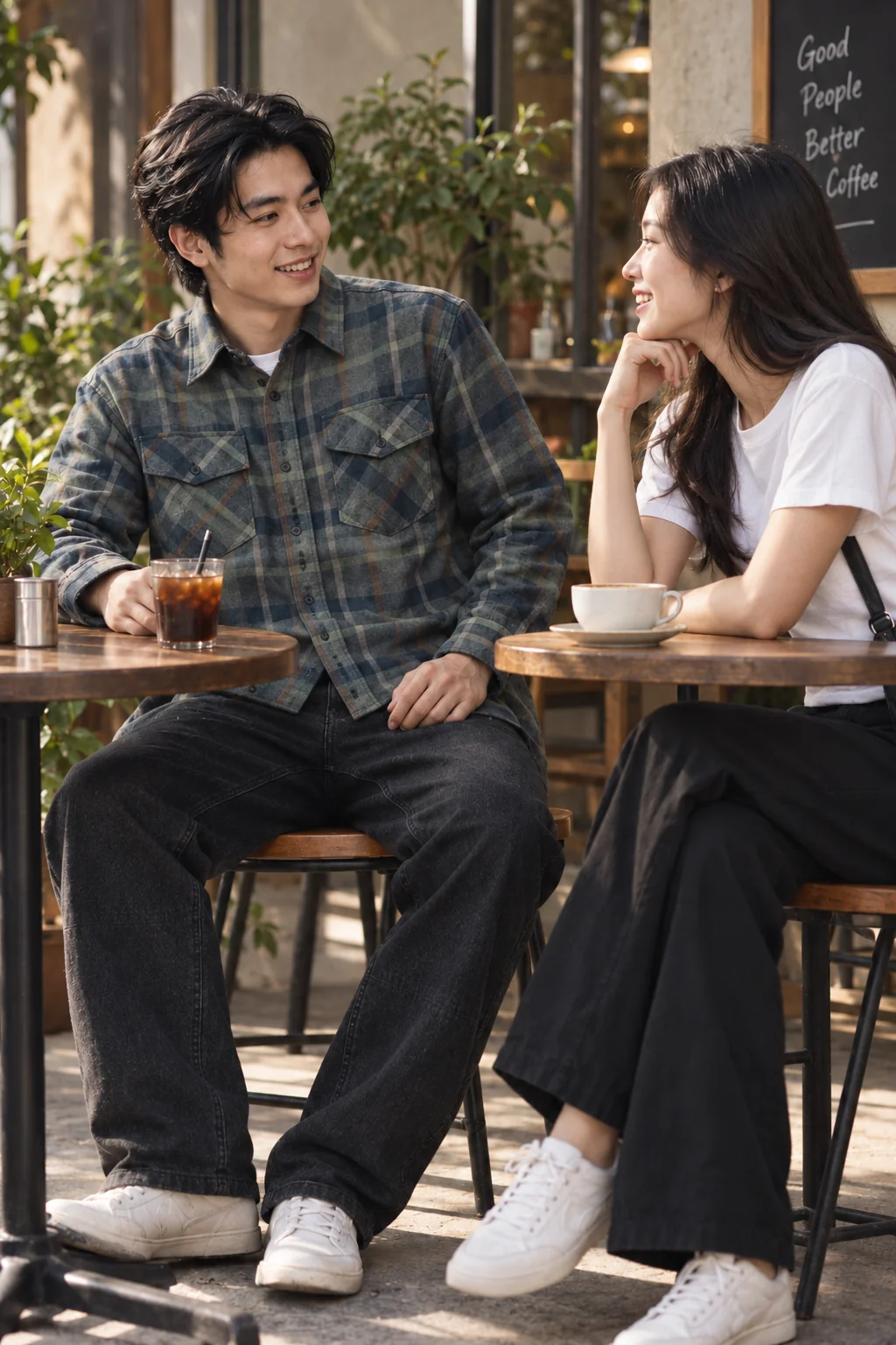 Sơ mi kẻ cài nút cùng jeans tối màu trong một bộ đồ mặc đi cà phê.