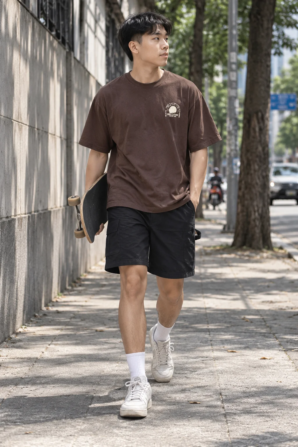 Áo nâu có hình nhỏ ở ngực đi cùng quần short đen và sneaker trắng.