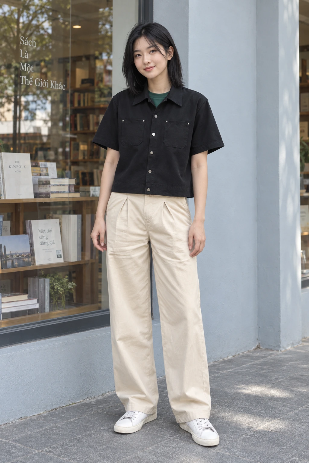 Sơ mi đen được cài nút bên trên quần kaki kem.