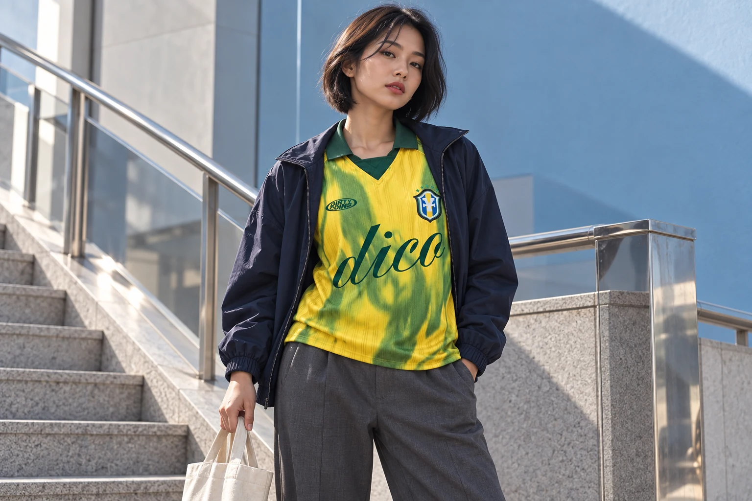 Áo jersey đi cùng áo khoác xanh navy và quần xám.