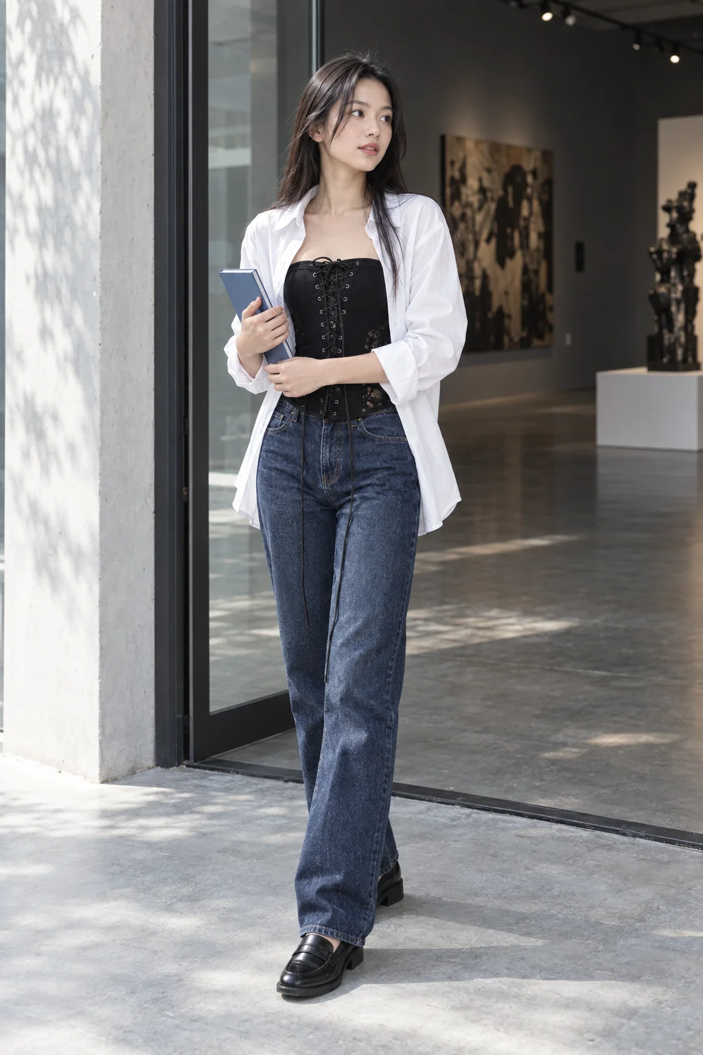 Corset Sophie mặc với jeans tối màu và sơ mi trắng khoác mở.