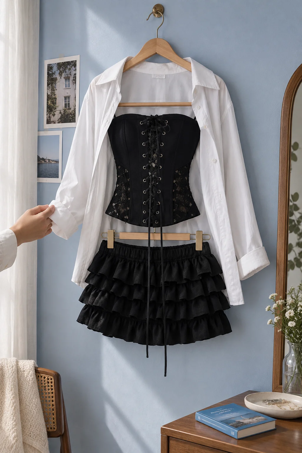 Dây đan chạy dọc corset, còn các tầng váy tạo những đường ngang bên dưới.