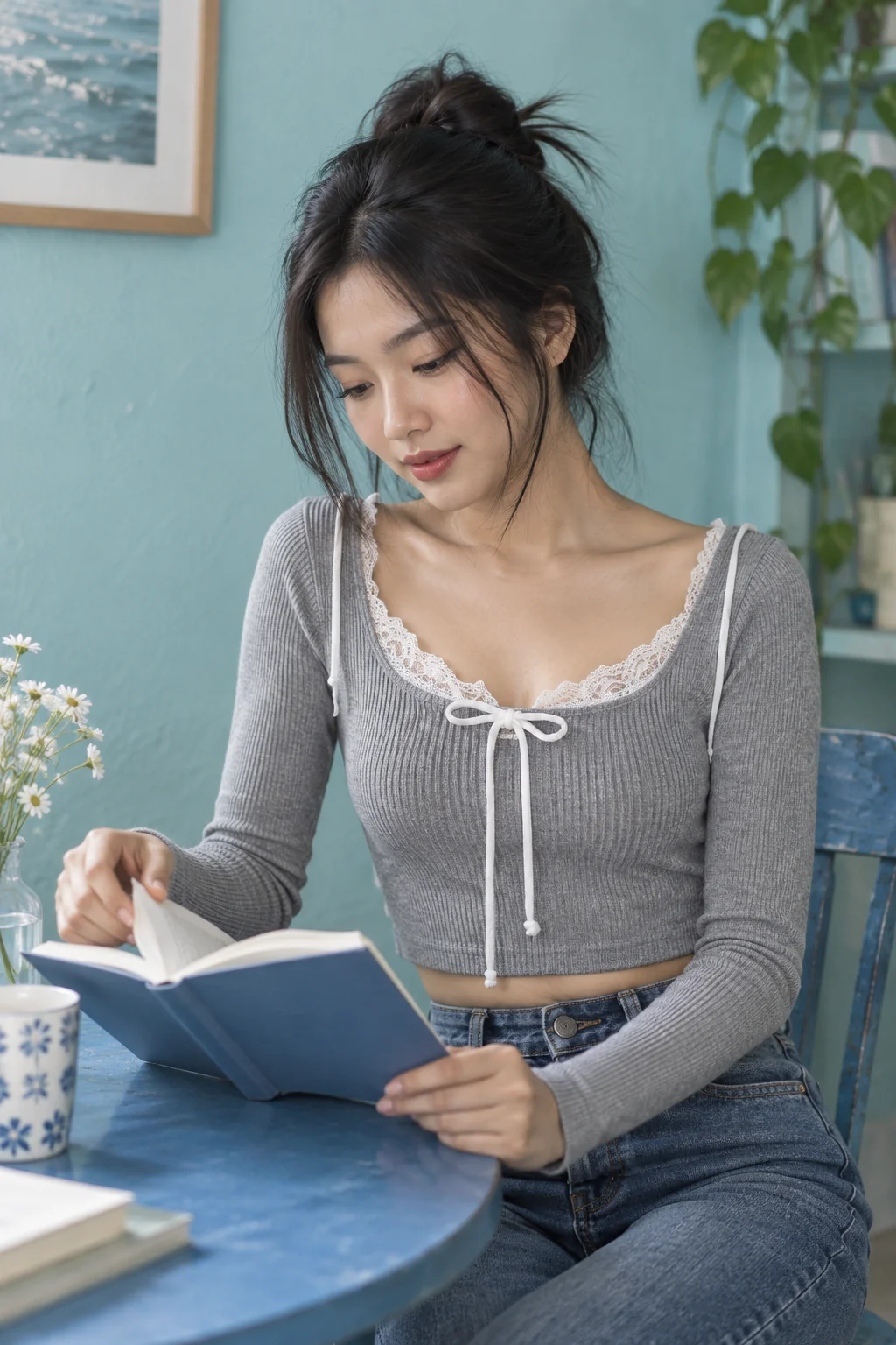 Góc nhìn gần cho thấy dây trắng trên nền áo xám và gấu áo nằm cạnh cạp jeans.