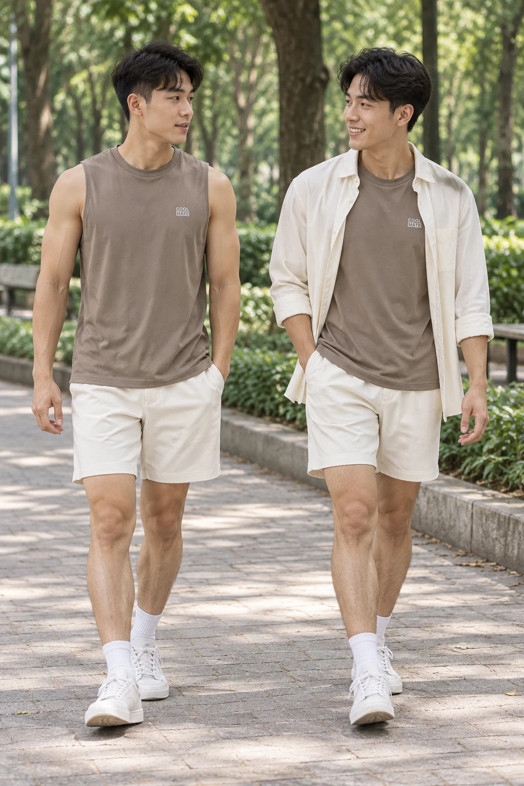 Áo ba lỗ nâu nhạt đi cùng short kem; sơ mi mở ở người bên cạnh thêm lớp che vai.