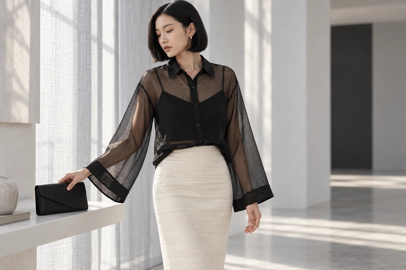 Chuyển động đặt ví xuống làm rõ độ rủ của tay áo organza bên cạnh bề mặt sợi nhỏ của chân váy Luka.
