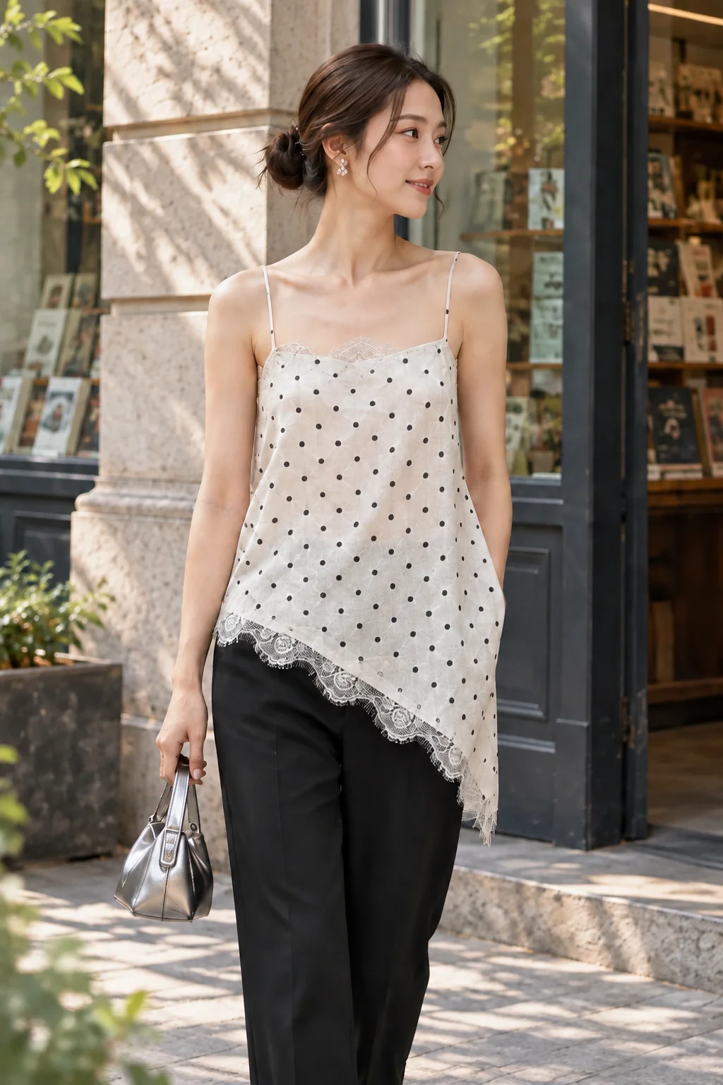 Cận cùng bộ Coco ở ảnh bìa: gấu ren xéo buông ngoài quần đen, túi bạc cầm thấp bên hông.
