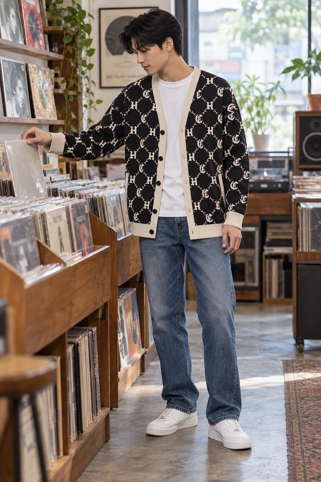 Cardigan HIGHCLUB đen kem với áo thun trắng và jeans xanh trong tiệm đĩa.