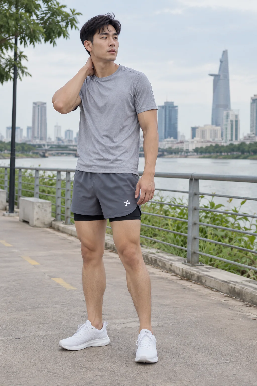 Lớp quần trong đen hiện dưới short chạy bộ xám.