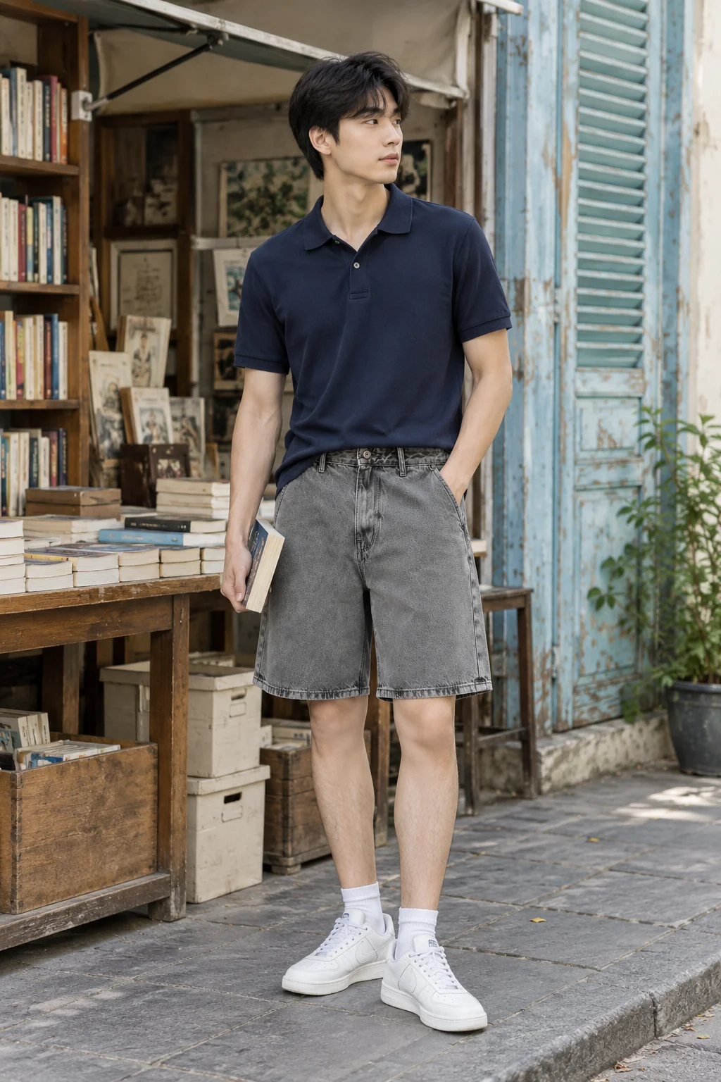 Polo trơn đi cùng short jean xám loang.