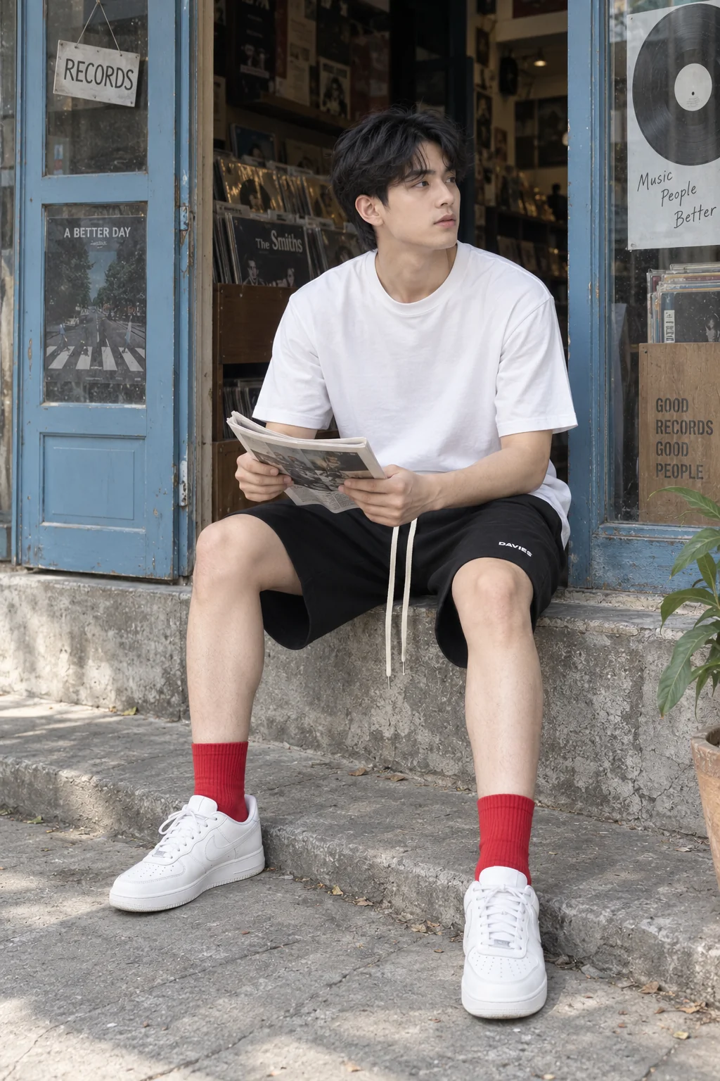 Short đen DAVIES với tất đỏ và sneaker trắng.
