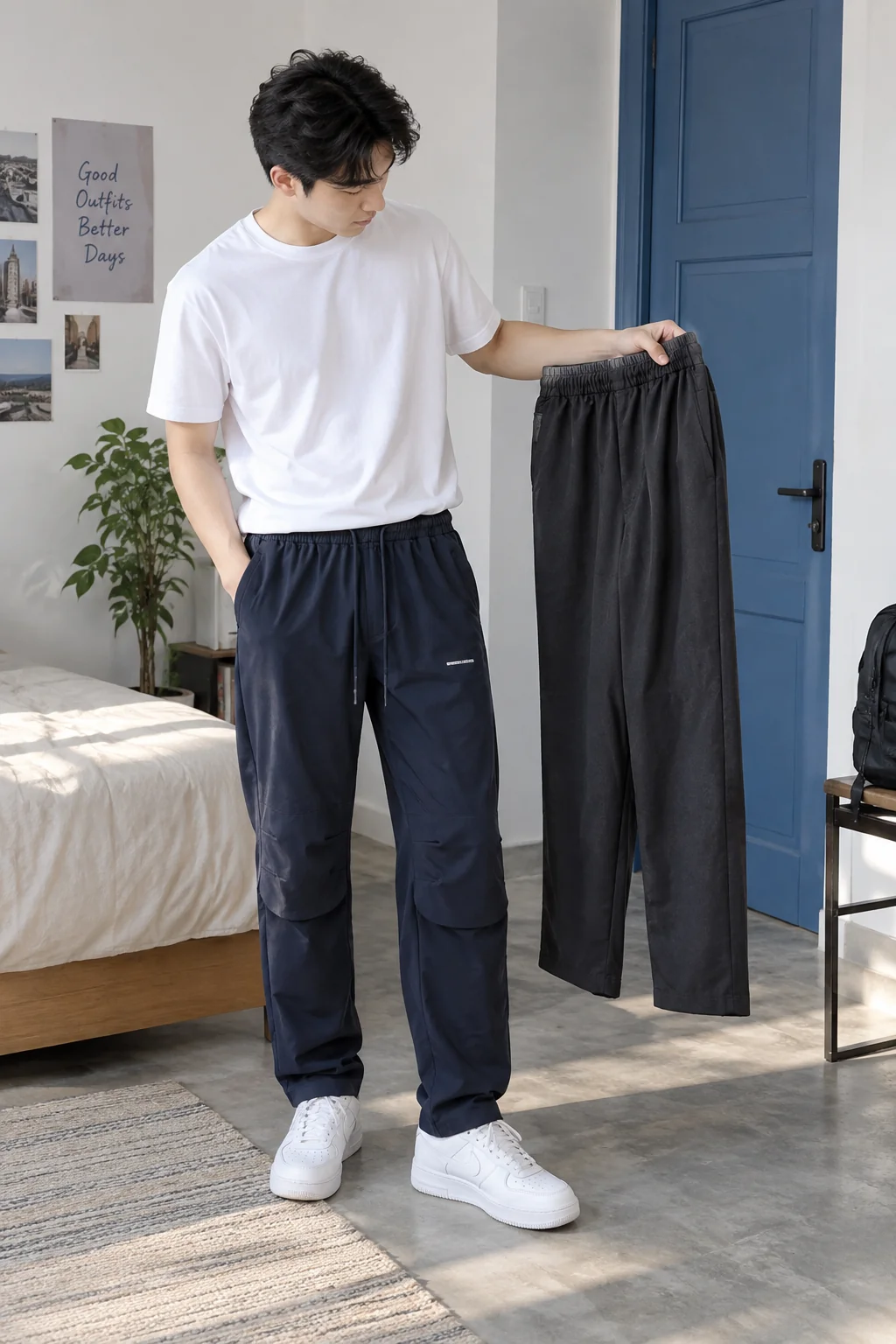 Một chiếc quần đang mặc và chiếc quần có sẵn được đưa ra để tham khảo chiều dài.