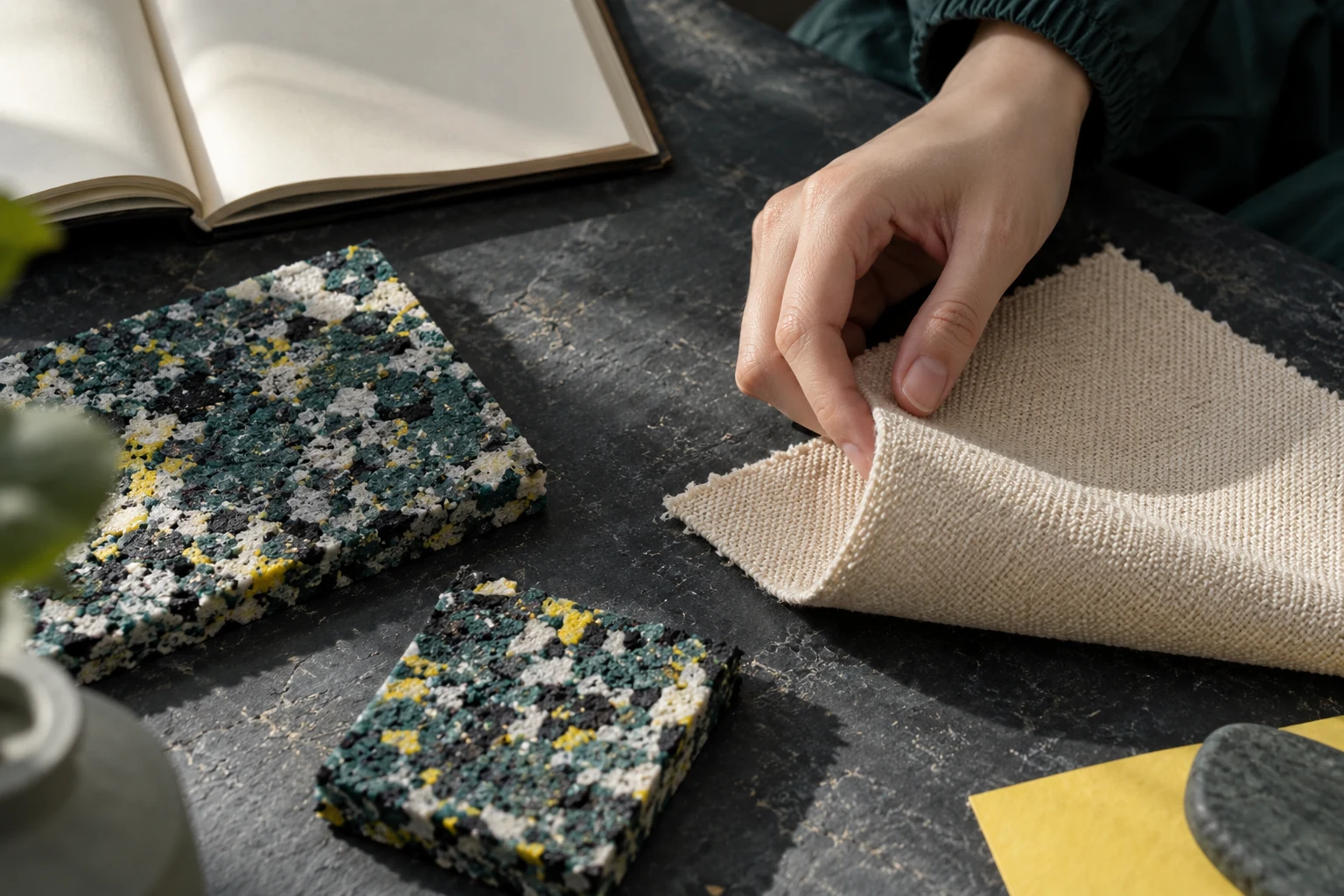 Mẫu foam có đốm màu được đặt cạnh một mảnh vải dệt.
