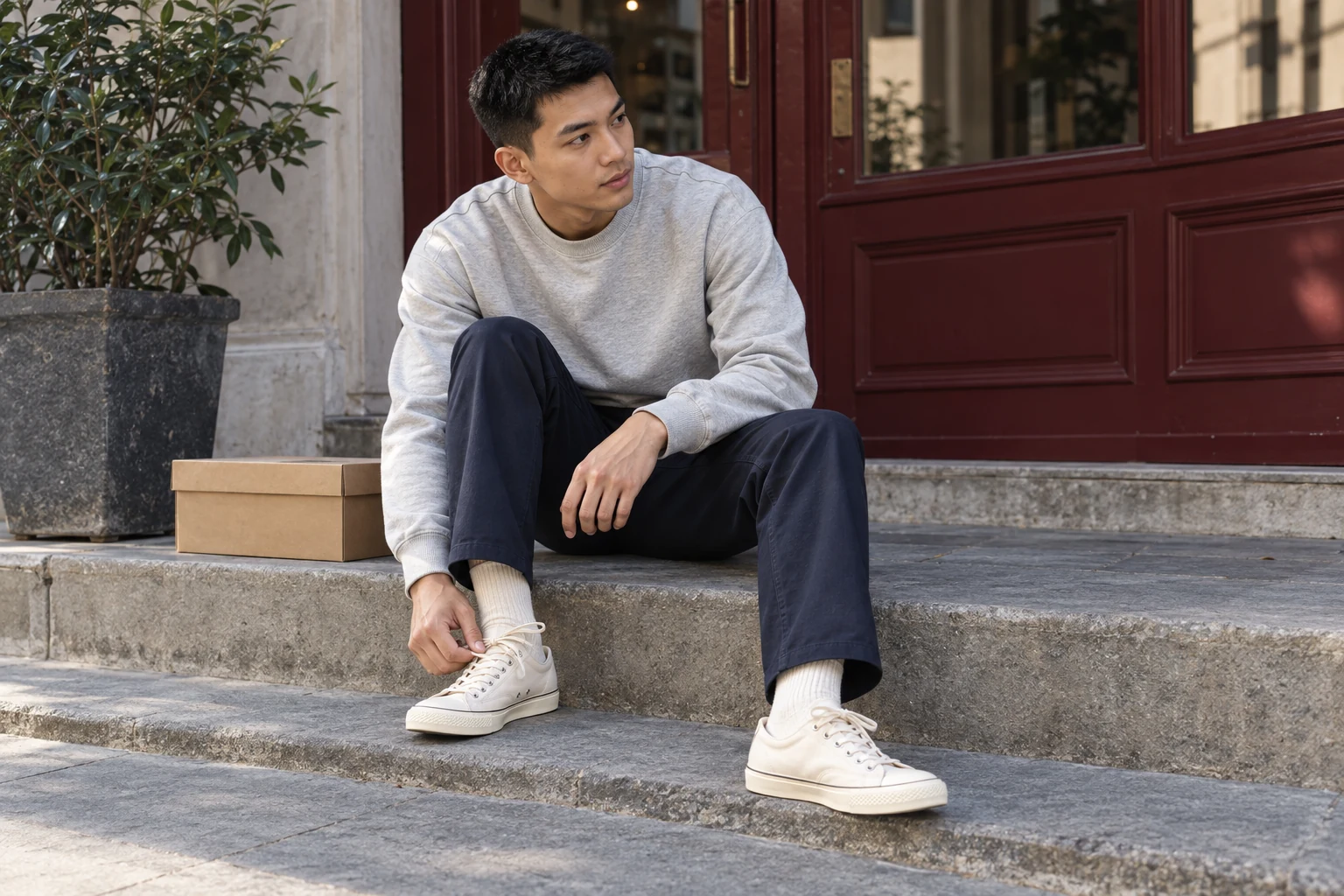 Một bộ phối với sneaker trắng, tất màu kem và quần xanh navy.