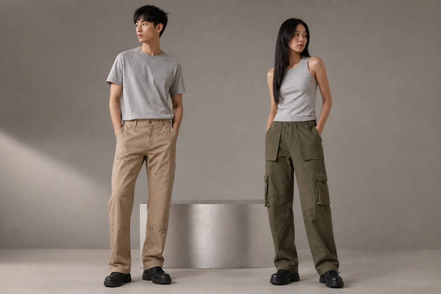 Hai người trẻ so sánh quần Double Knee be và Cargo V2 xanh rêu trong ảnh editorial tối giản