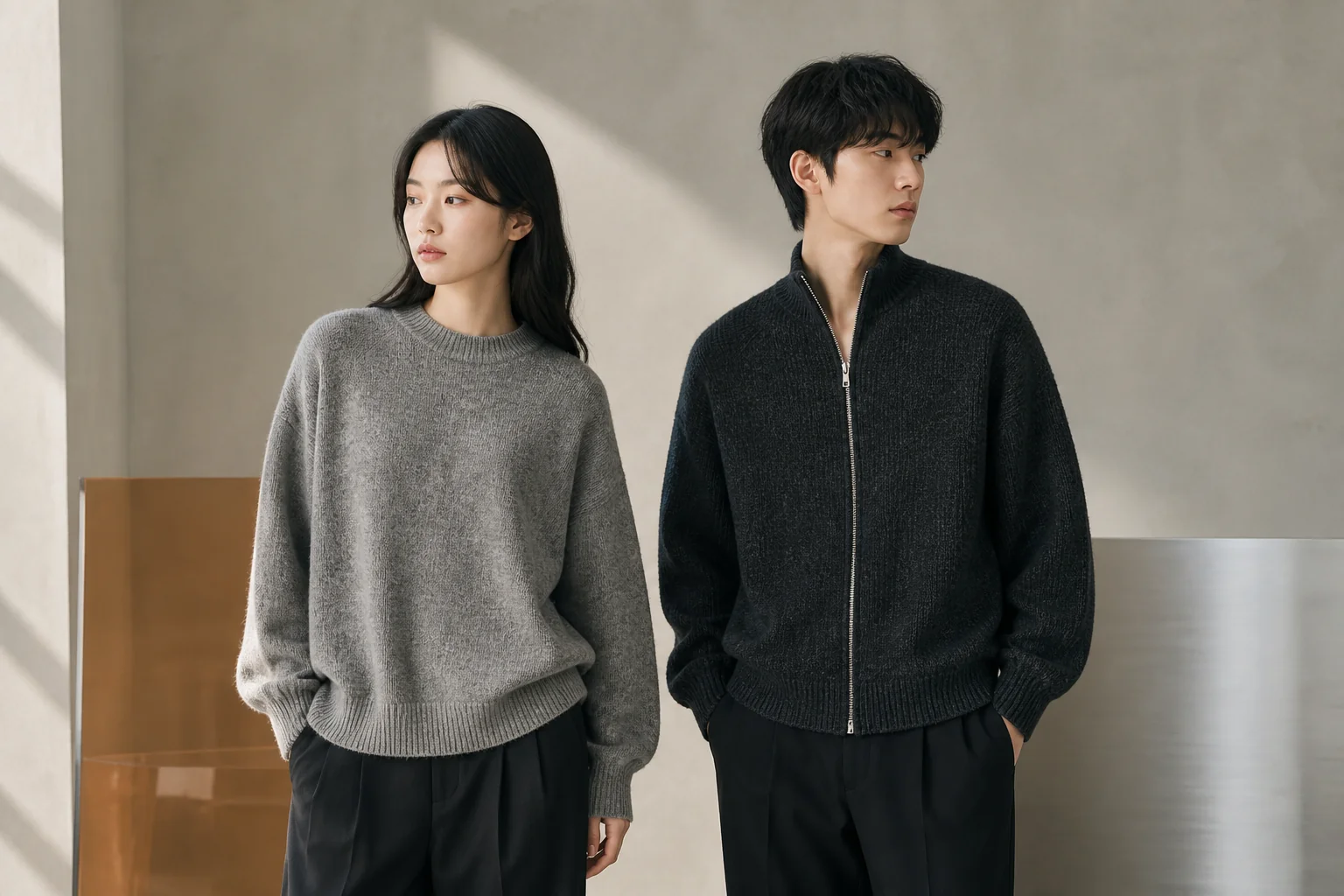 Hai người trẻ mặc TUMBLEWEED KNIT cổ tròn và ZIP KNIT khóa kéo trong không gian điêu khắc
