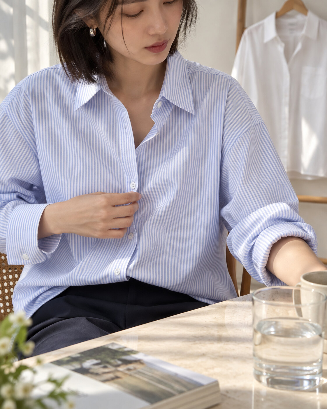 Sơ mi Oxford sọc xanh ở gần, sơ mi poplin trắng ở phía sau.