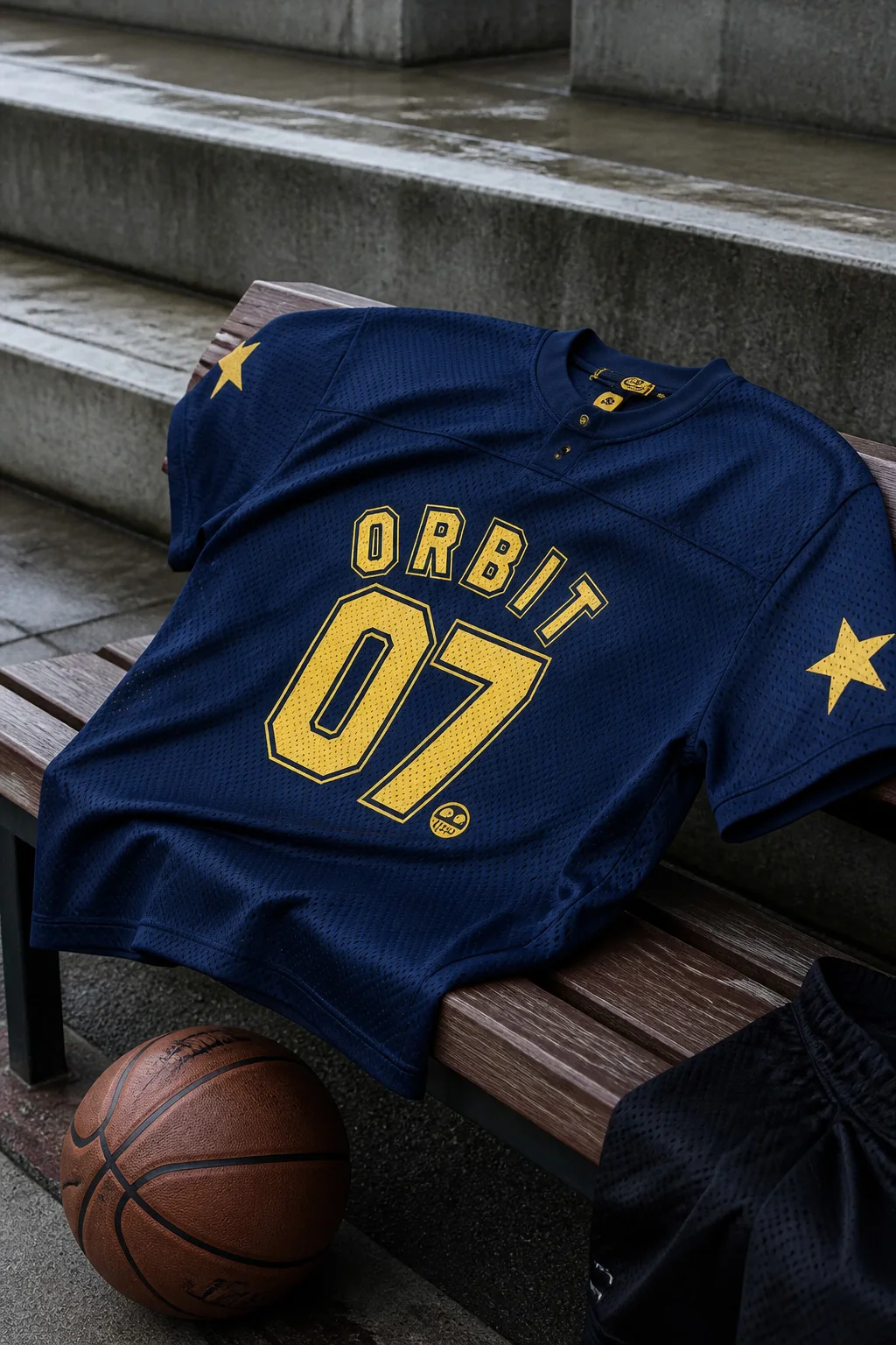 Jersey lưới xanh navy viền vàng The ORBIT số 07 đặt trên băng ghế cạnh bóng rổ.