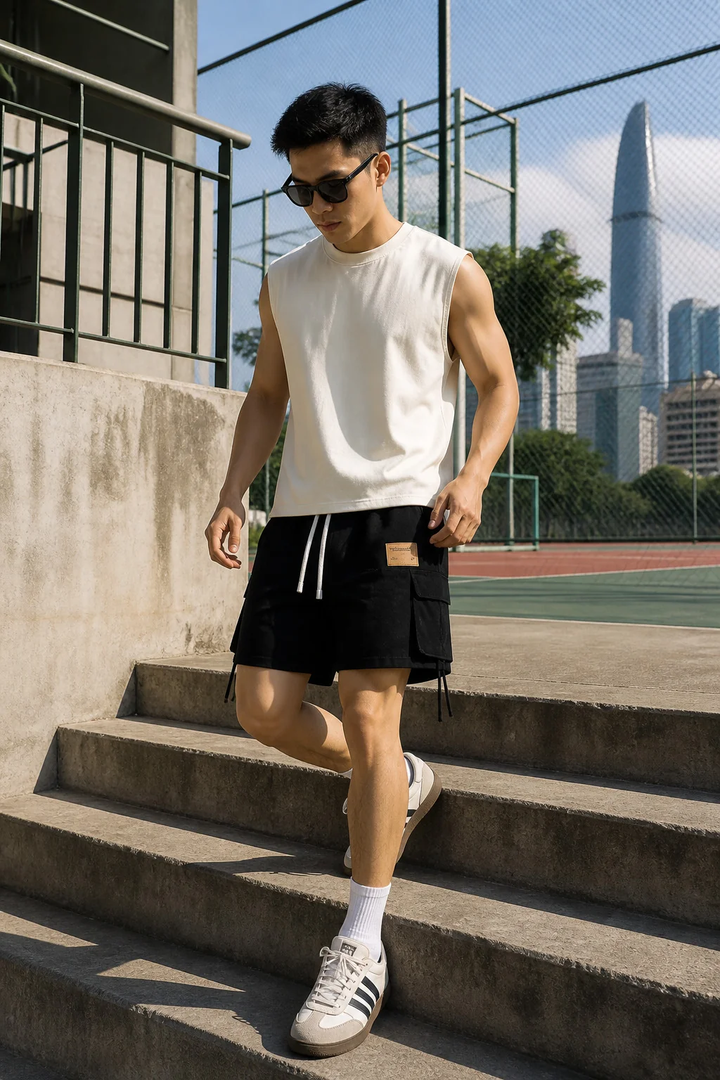 Người mẫu bước xuống cầu thang với Track Shorts đen và áo không tay màu kem trơn.