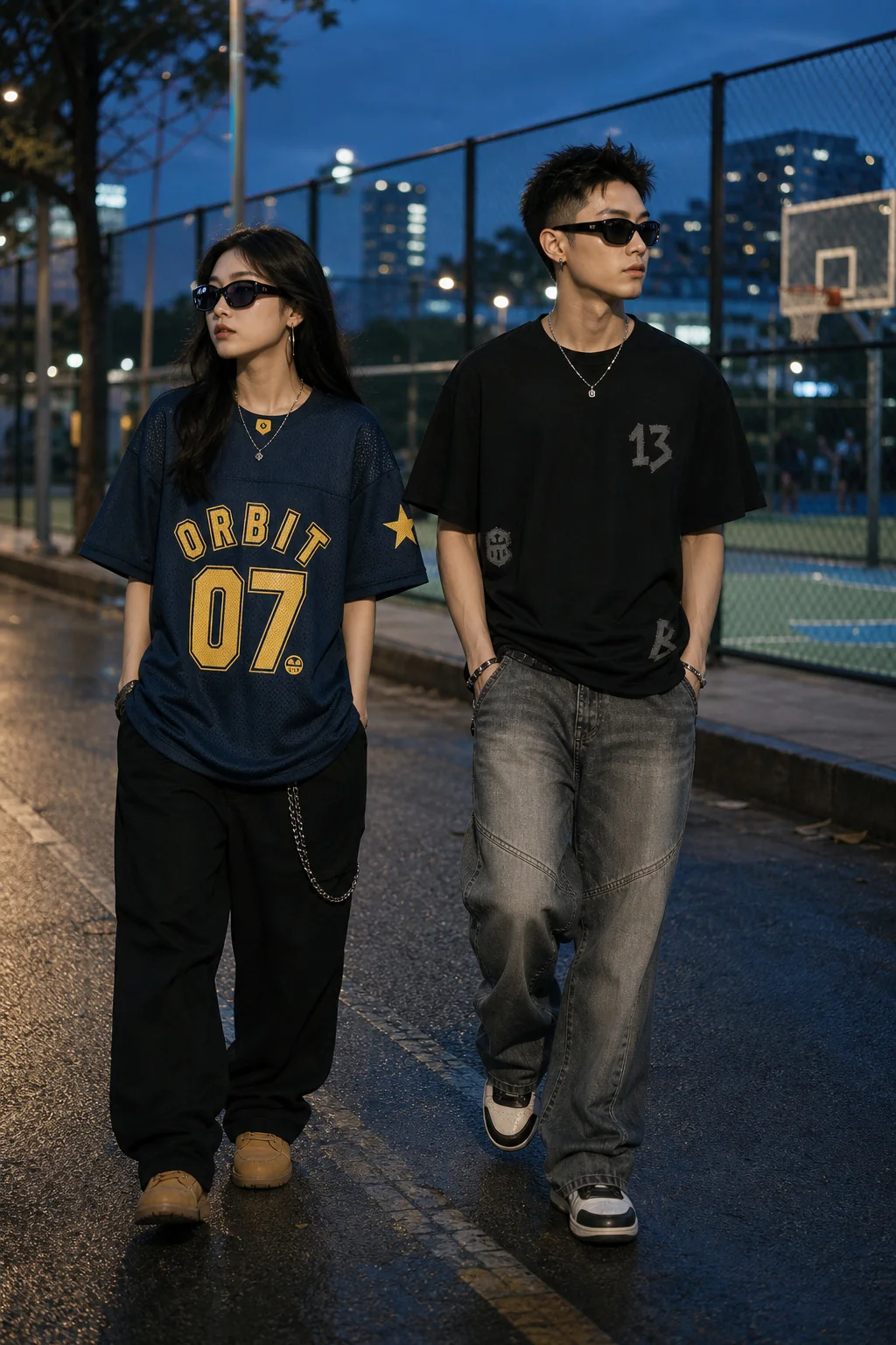 Hai người trẻ mặc jersey 07 và áo PANORBIT rời sân bóng, đối chiếu lựa chọn nổi bật và tiết chế.