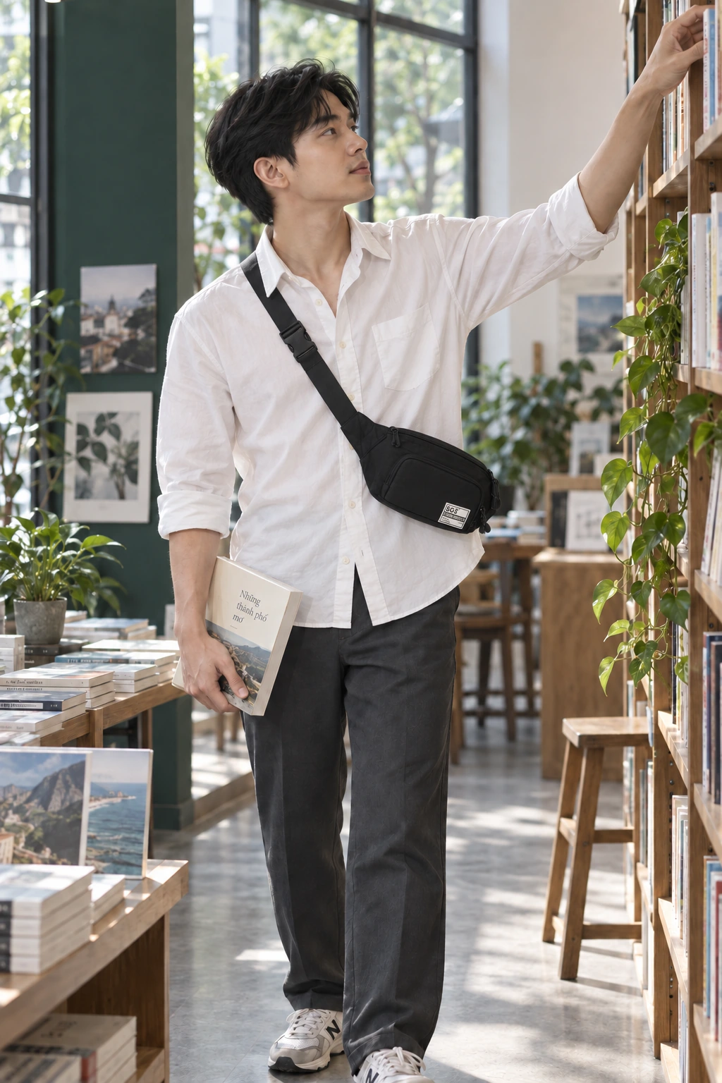 Túi SGS nằm lệch sang bên khi người mặc với tay lấy sách; phần lớn hàng nút sơ mi còn nhìn rõ.
