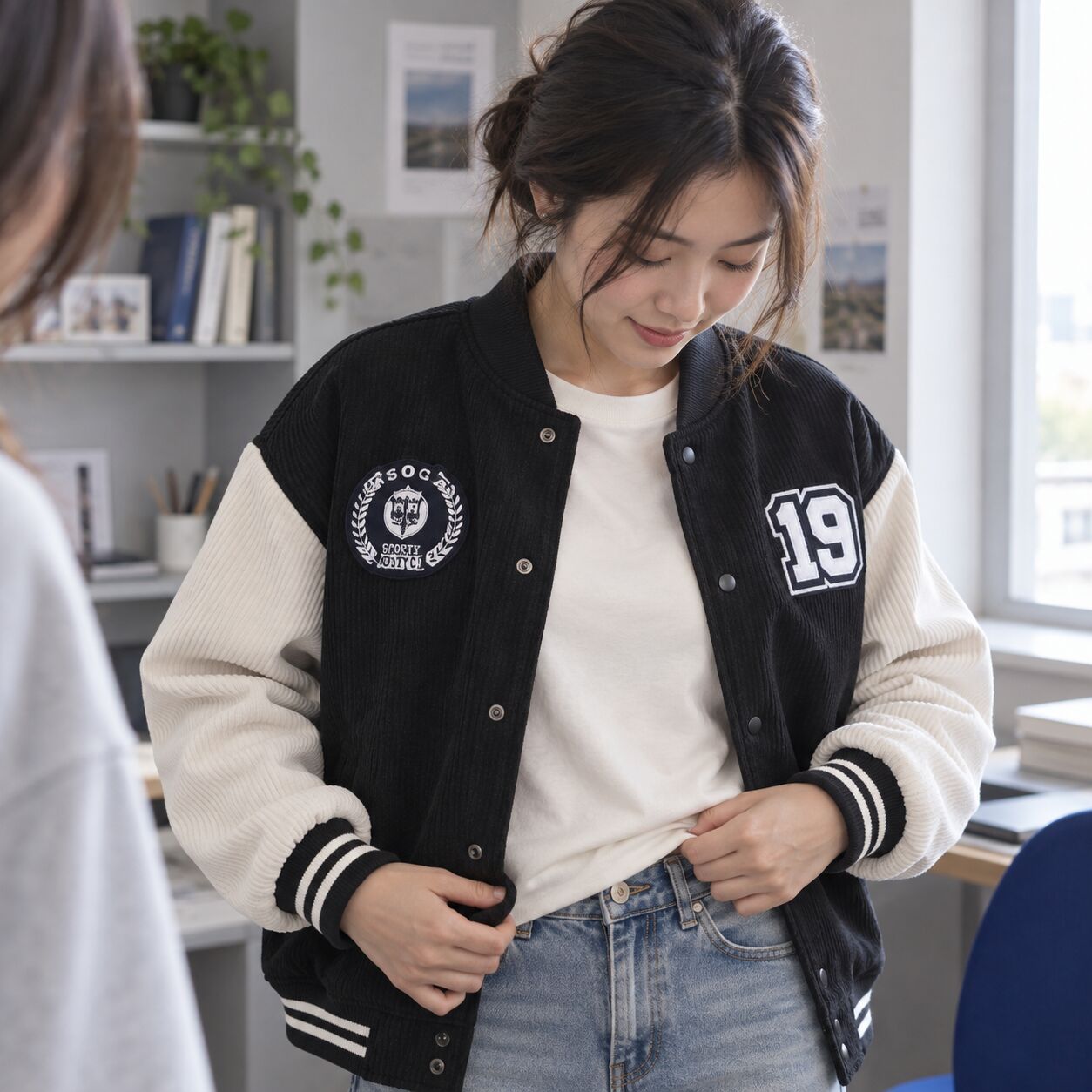 Hai mảng thêu nổi bật quanh áo thun trơn khi mở hàng nút phía trước.